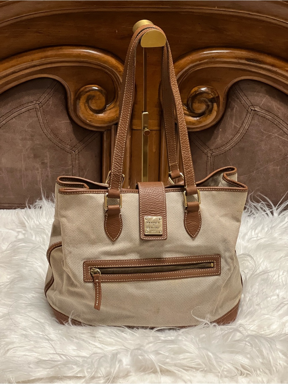 Dooney & Bourke Beige Canvas with Brown Leather Trim shoulder bag